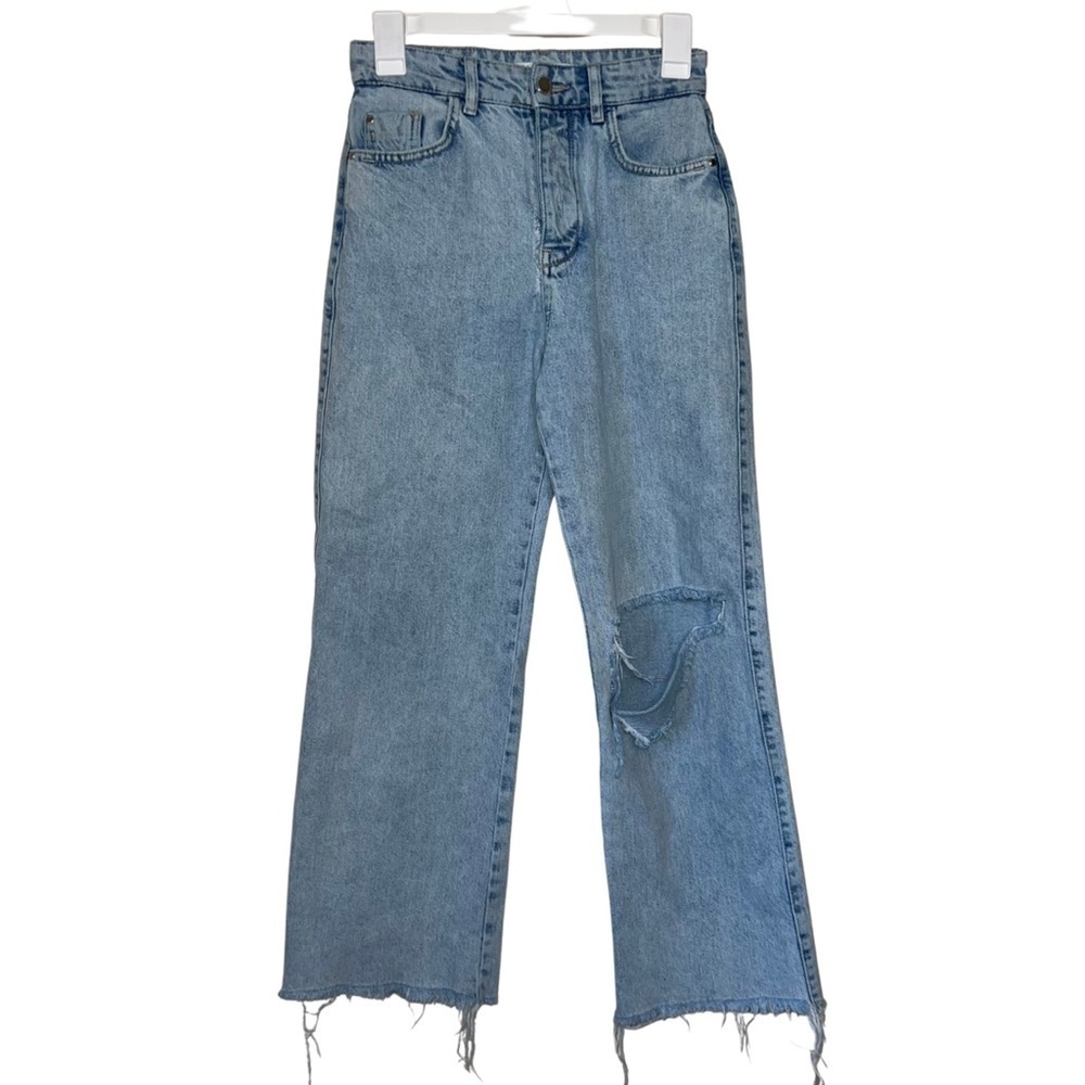 Zara Light Wash Distressed Button Fly Wide Leg Raw Hem Jeans Size 2